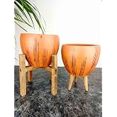 Bitki Tasarımı Ev Dekorasyon Siyah &Ccedil;izgi Desenli Terrakota Toprak Saksı Saksılık Salon &Ccedil;i&ccedil;eklik İkili Set 3 Ayaklı- 4 Ayaklı-