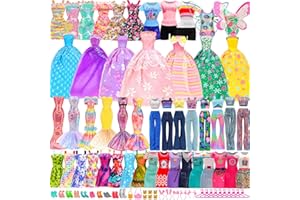 Miunana 54 Pcs 11.5 inch Doll Clothes & Accessories: Fashion Sequin Floral Dresses Tops Pants Swimsuits Party Dresses Wings Costume Shoes Hangers for Doll - Random Style Gifts for Girls