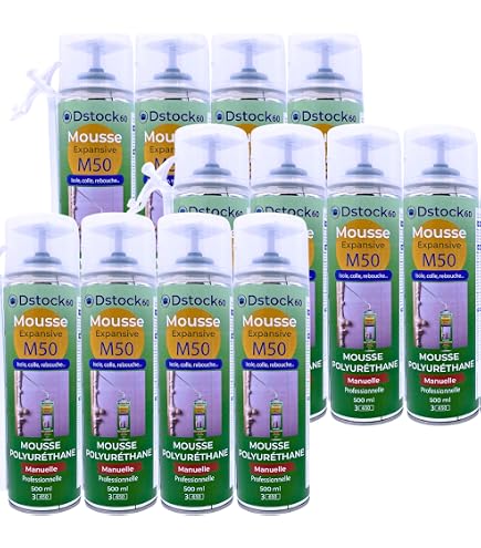 DSTOCK60 - LOT DE 12 MOUSSES EXPANSIVES MANUELLES 750ML - MOUSSE POLYURETHANE PROFESSIONNELLE - ISOLE, COLLE, REBOUCHE - EXTERIEUR ET INTERIEUR