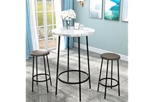 HOOSENG 3 Piece Bar Table Set, Round Bar Table with Stools of 2, Marble Dining Table Set for Kitchen, Dining, Small Spaces - White