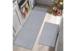 BEQHAUSE Kitchen Rugs and Mats Non Skid Washable Kitchen Floor Mat with TPR Backing 100% Polyester Grey Kitchen Mat Set of 2 Absorbent Runner Rugs 60X89cm+60X152cm, Light Grey