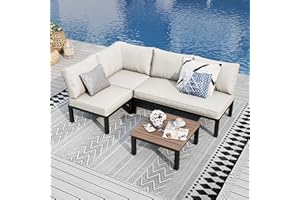 PHI VILLA Gartenmöbel Balkonmöbel Set 4 Teilig, Metall Lounge Möbel Outdoor Gartenlounge Set 4-Sitzer, Terrassenmöbel Modulare Möbel mit Verstärkten Kissen und Kaffeetisch, Beige