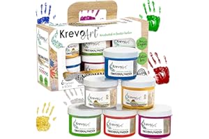 Krevo Art Colori per dita per bambini, 6 colori brillanti e coprenti, ognuno da 60 ml, lavabile, colorabile con pennello, spugna, dita e piedi (con oro e argento)