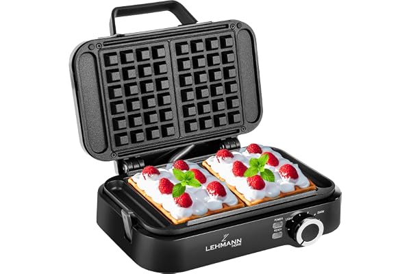 LEHMANN Gaufrier Double pour Gaufres Belge, 1200W, Gaufres 12,5 x 8,5 x 2 cm, Prêt en 3 Minutes, Réglage de la Température Jusqu'à 240°C, Revêtement Antiadhésif, Nettoyage Rapide et Facile