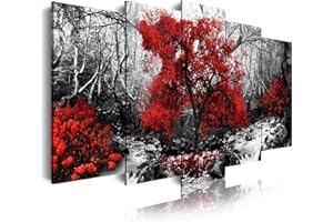 DekoArte 257 - Impression Sur Toile Moderne D'Images Artistiques | Toile Décorative Pour Votre Salon Ou Votre Chambre | Style Paysage Noir et Blanc avec Des Arbres Rouges Nature | 5 Pièces 150 x 80 cm