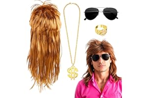 COSTUMED 4-in-1 Vokuhila 80er & 90er Kostüm Set – für Kostüm zu Fasching & Karneval mit Assi Perücke Vokuhila, Goldkette Dollar & Brille & Goldring