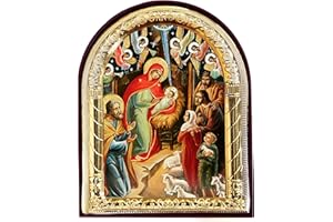 NEEDZO Nativity Scene Christmas Icon Catholic Orthodox Christian Icon, Religious Gift, Arched Icon With Stand and Wall Hanging 4 1/16 Inch, Christmas Decoration Gift