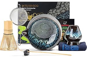 TEANAGOO MATCHA KIT 7 pezzi, kit per cerimonia, set da tè matcha per preparare colazione/latte matcha, ciotola in ceramica con beccuccio e frusta, regalo per gli amanti del matcha