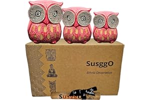SusggO Set de 3 Buhos de Madera, Decoracion, Tallado a Mano, Buho de la Suerte, Idea Artesania Adorno Mueble (Rosa)
