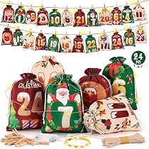 Niserelesa Adventskalender-Set Zum Befüllen 2025 | 24 Stoffbeutel + LED-Lichter + Holzklammern + Hanfseil | DIY-Weihnachtsdeko | Waschbar & Wiederverwendbar | Für Kleine Geschenke & Süßigkeiten