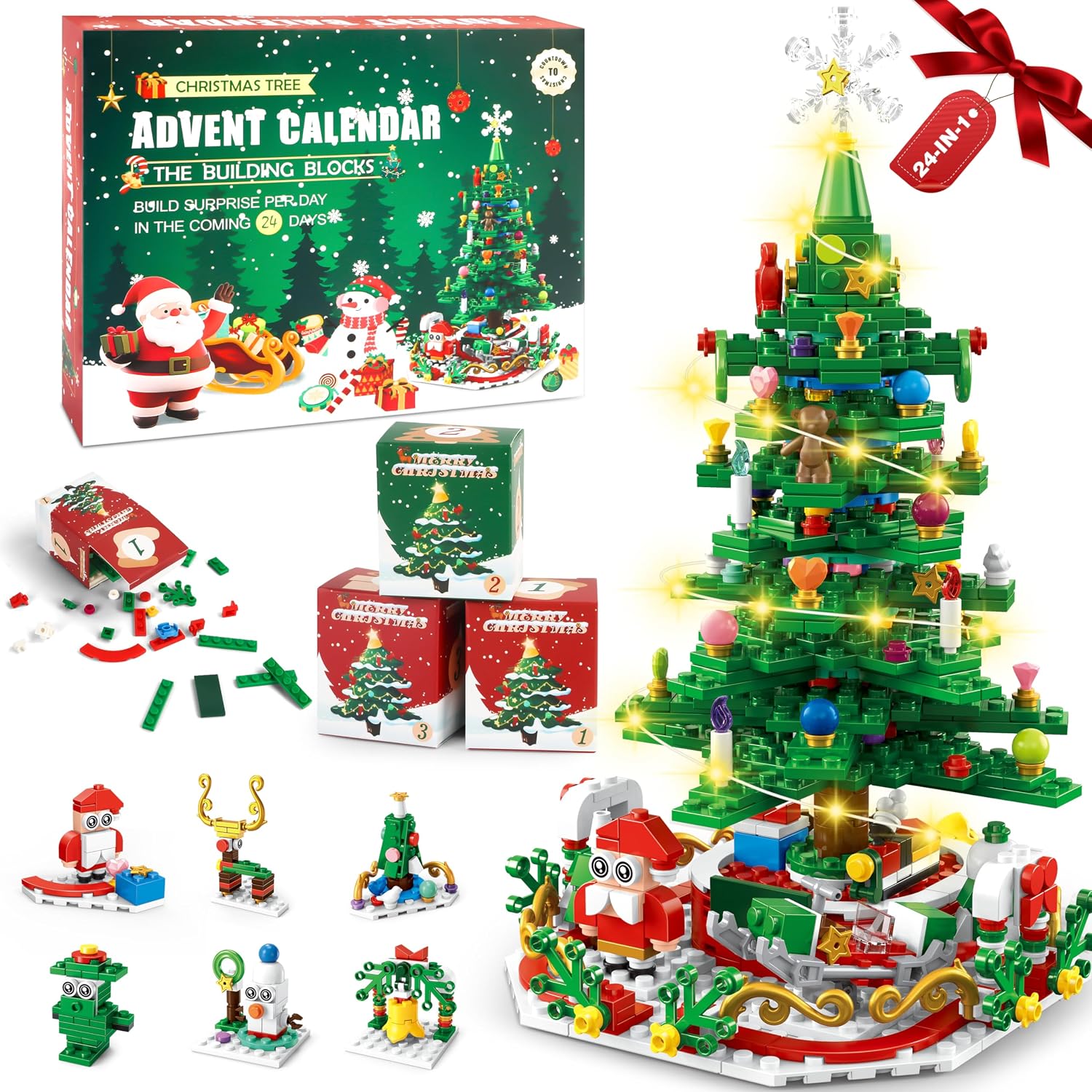 MOMOSTAR Calendario Adviento 2025, LED Bloques de Construcción con Árbol de Navidad 701 Piezas, Calendario Adviento Juguetes 24 in 1, Navidad Decoración Regalo para Niños Adultos partir de 6 años