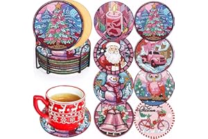 VIART 8 Pcs Christmas Diamond Painting Coasters Kits with Holder, Christmas Diamond Art Coasters Sets with Holder,5D DIY Diamond Painting Coasters for Gift Home Room Kitchen Bar Decorations