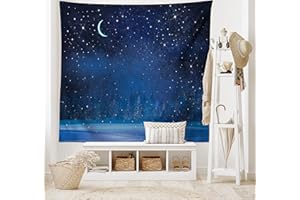ABAKUHAUS Luna Tapiz de Pared y Cubrecama Suave, Invierno Místico Lugar Mágico Cielo Estrellado Noche Oscura Paisaje Bosque Encantado, No se Desliza de la Cama, 230 x 140 cm, Azul Oscuro