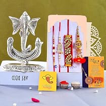 2 Pcs Golden Ganesh Murti Rakhi For Brother - Traditional Rakhi Combo With Roli Chawal, Bhai Bhabhi Rakhi Set
