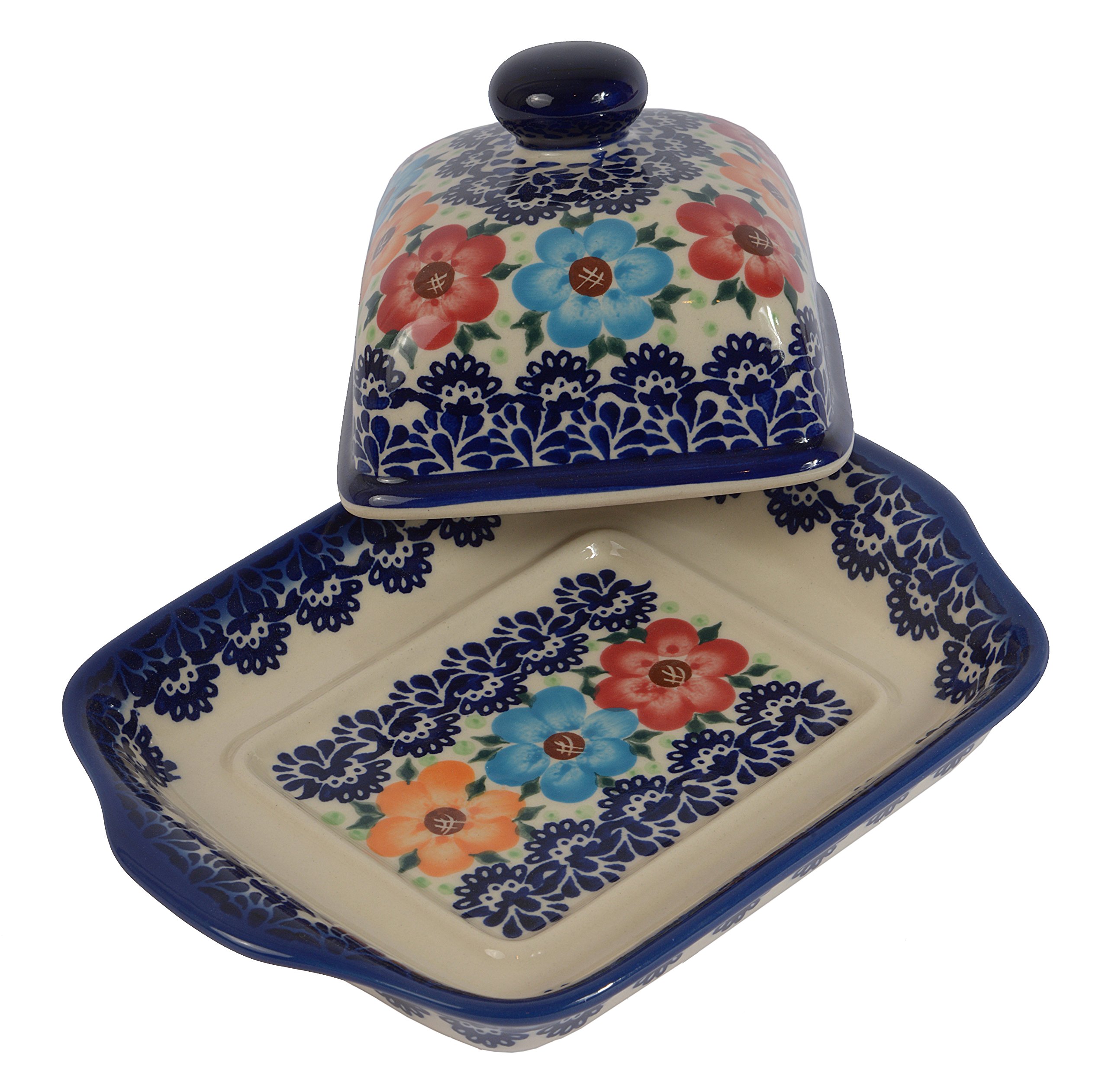 Traditional Polish Pottery, Handcrafted Ceramic Butter Dish with Lid, Boleslawiec Style Pattern, B.101.BLUELACE
