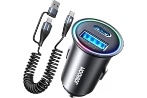 JOYROOM Cargador Coche USB C 60W PD&QC 3.0 Mini Cargador Coche Carga Rapida de Metal con 1.5M USB/C a C Cable de Cargador Movil Coche con Luz LED para iPhone 15 14 13 Pro MAX, Samsung, iPad, AirPods