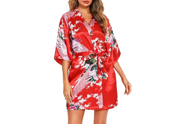 Vlazom Kimono Japonais Femme Mariage Satin Court Peignoir Bride Paon Kimono Mariage Peignoir Bridesmaid Chemise de Nuit