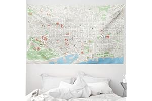 ABAKUHAUS Mapa Tapiz de Pared y Cubrecama Suave, Calles De Barcelona Parques, Objeto Decorativo Lavable, 230 x 140 cm, Amarillento Verde Lima Azul Pálido