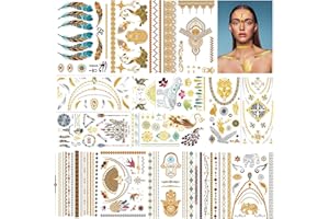 URAQT BrąZująCa Naklejka Tatuaż, 14 Arkuszy Metaliczne FałSzywe Tymczasowe TatuażE Dla Kobiet Dziewczynki, Wodoodporne Naklejki Na CiałO łAtwe Do UsunięCia Dla SkóRy, Naklejka Artystyczna Na CiałO Upominki Na PrzyjęCia Dekoracje ArtykułY Urodzinowe
