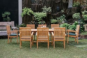 Emporium Furniture Rectangular Extendable 4cm thick top Dining Table with 8 Stacking Chairs|Wooden Garden Furniture|Outdoor Dining Sets (100% Solid teakwood, 8 Burnham Stacking Chairs with Table)