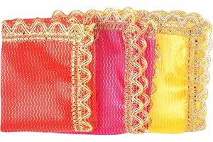 Set of 3 Chunari Decorative Silk Large Cloth Puja Chunni Chunar (Size :- 21 Inches x 13 Inches) Aasan Mat for Statue Frame Idol Temple for Indian Traditional Festival Decoration(Red, Pink& Yellow)