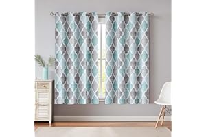 Beauoop Teal Grey Blackout Curtains for Bedroom 54 Inch Drop Geometric Curtains Lattice Moroccan Print Room Darkening Thermal Insulated Energy Efficient Window Curtain Drapes 2 Panels