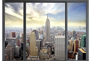 decomonkey - Papier Peint Intissé New York Fenetre 300x210 cm - Panoramique Image XXL Maison Chambre Déco Photo Murale Décorative Tenture Murale pour Appartement Décoration Salon