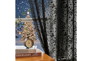 Abstractex Lace Net Sheer Curtains 54 Inches Long Black Floral Leaf Knitted Vine Vintage Light Filtering Embroidery Window Treatment for Girls Bedroom Living Room, Rod Pocket 58" W 2 Panels