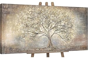 YS-Art XXL Abstrakt Acryl Gemälde auf Leinwand Goldbaum handgemalt Wandbilder Wohnzimmer Kinderzimmer Büro moderne Design Bilder Fengshu echte Kunst 120x60 cm