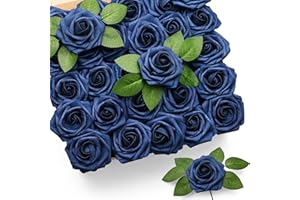 Mocoosy 50Pcs Roses Artificial Flowers, Navy Blue Fake Roses Real Touch Foam Rose with Stems Bulk for DIY Wedding Bouquets Centerpieces Floral Arrangements Bridal Shower Party Home Decorations