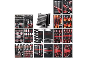 Mephisto ProLine Full Black Werkstattwagen mit 9 Schubladen Davon 9 mit Werkzeug wie Schraubenschlüssel, Ratsche mit Nusskasten, Schraubendreher, VDE in Soft Inlays in Carbonoptik gefüllt