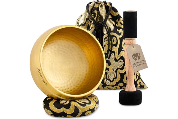 Lot de Bol Chantant Tibétain pour Yoga, Méditation et Détente - Bol Chantant Tibétain Martelé Ø 13,5 cm, Double Maillet avec Feutre et Cuir, Coussin d'Anneau, Sac et Instructions