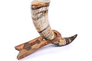 Norse Tradesman Véritable Corne de Bœuf Viking Corne à Boire avec Support en Bois Massif Gravé avec Marteau de Thor | Sac cadeau en toile de jute inclus | The Mjolnir, Brut, 30 cm