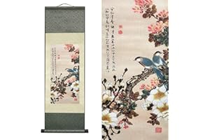 VALART Rollbild Seide Asiatisch Wand Dekoration Seidenmalerei 4 Farbe Blume Vogel - Papagei Drossel Elster Starling Schön Chinesische Kunstwandrolle Hängende Bildrolle Orientalisches Dekor(Blaue Elster)