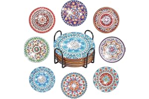 Ronronner Diamond Painting Untersetzer, 8er Diamond Painting Coaster, DIY 5D Keramik Untersetzer, Boho Deko Untersetzer Holz Mit Halter, Kerzen Untersetzer Ist Geeignet FüR GläSer WeingläSer Vasen