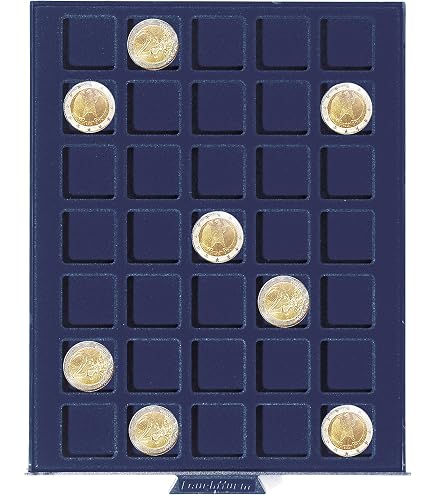 Cajón Portamonedas Leuchtturm Smart Con 30 Compartimentos Cuadrados Para Monedas De Hasta 33 Mm – Forro De Terciopelo Azul, Apilable Y Apto Para Cajas De Seguridad