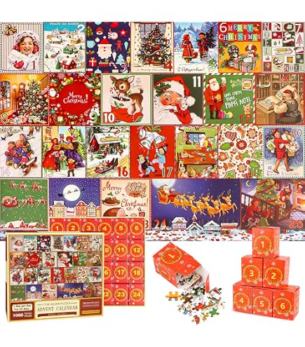 Weihnachtskalender Puzzle 2024 – 1000 Teile Vintage-Postkarten-Motiv – 24-Tage-Countdown Für Erwachsene & Kinder