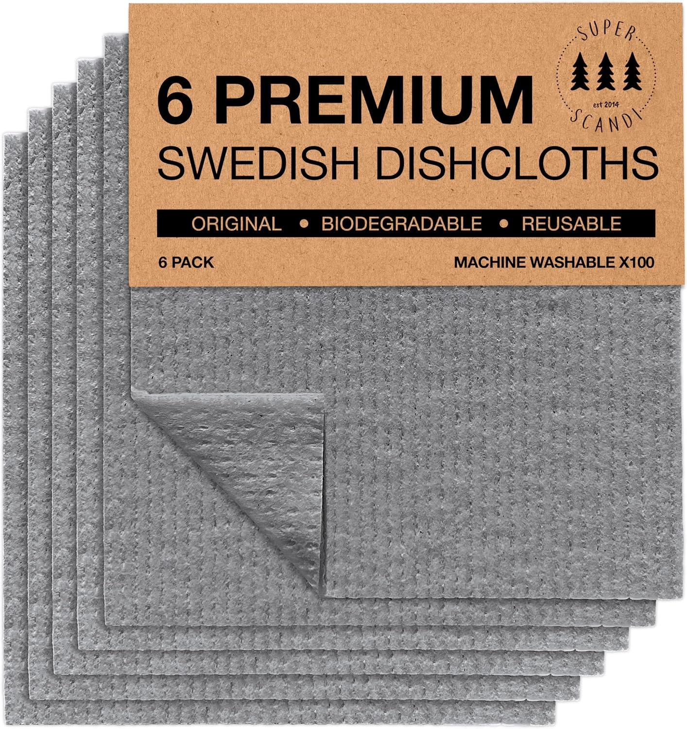 SUPERSCANDI 6 Piezas Paños de Cocina - 100% Biodegradables y Compostables | Trapos de Cocina Reutilizables, Aptos para Alimentos y Sin Plástico | Bayetas para Todas Las Superficies, Gris