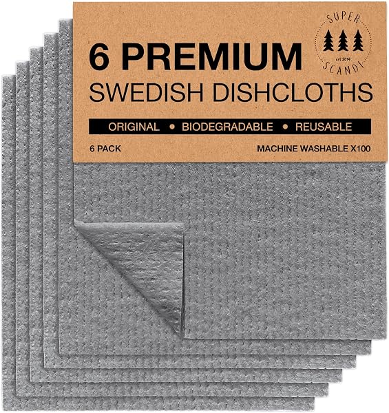 SUPERSCANDI 6 Pack Reusable Cleaning Cloths - 100% Biodegradable & Compostable Washable Swedish Dishcloth - Food-Safe & Plastic-Free Kitchen Cloth Suitable for Any Surface, Grey - 1