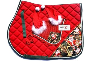 NASX SPORTS Santa Claus Christmas Horse Saddle Pad and Fly Veil Set Equestrian Tack (COB)