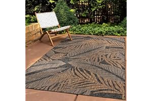 ‎TARACARPET Taracarpet In & Outdoor Teppich Wetterfest Wohnzimmer Balkon Küchenteppich Terrassenteppich Flachgewebe Sisaloptik mit Muster blätter schwarz 240x340 cm