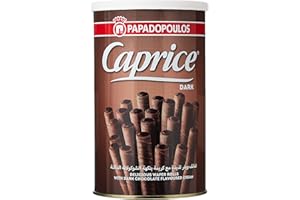 EUROFOOD Papadopoulos, Caprice, Irresistibile Dolce della Tradizione Greca, Delizioso Wafer Arrotolato e Ripieno di Golosa Crema al Cioccolato Fondente Latta da 250 g
