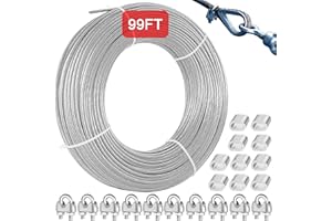 EACHANS 2mm 30m (98ft) Stainless Steel Wire Rope, PVC Coated 304 Steel Cable with 10 Wire Rope Clamps, Durable Steel Cable for Curtain Rods, Clothesline, Plant Support, String Lights, and Hanging Lights