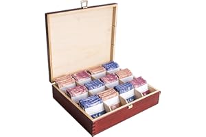 Creative Deco Scatola Porta Tè e Tisane in Legno Rosso per Natale, Porta Oggetti 12 Scomparti | 29x25x7.5cm +/-0.5cm | Portagioie, Te | Coperchio, Serratura, Divisori Rimovibili | Decoupage, Regalo