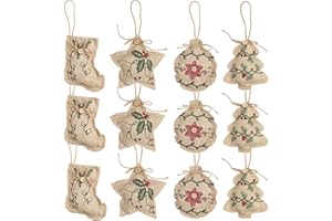 BELLE VOUS 12 Piezas Adornos de Navidad de Arpillera Árbol Navidad 3 piezas x 4 Formas Calcetines Navidad Árbol Bola y Estrella Adorno Navidad Colgante para Fiesta de Navidad - Decoraciones de Navidad