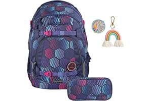 coocazoo Schulrucksack-Set Mate „Indigo Illusion & Unicorn“ 3-teilig, lila, ergonomischer 30L Tornister, höhenverstellbar, für Kinder ab der 5. Klasse, inkl. Federmäppchen & Colour UP-Set