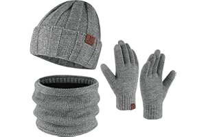 Bequemer Laden Herren Winter Warm Mütze Loop Schal und Touchscreen Handschuhe Set mit Fleece Gefütterte Thermo Wintermütze Strickmütze Schlauchschal Winterhandschuhe Geschenk für Männer