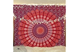 Bless International Indischer Hippie Bohemian Psychedelic Peacock Mandala Wandbehang Bettwäsche Tapisserie (Blue Red, Queen (213x288Inches) (215x230Cms))