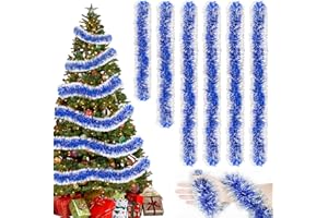 TUTUKYLE Guirnalda de oropel de Navidad azul, 6 unidades de espumillón brillante para árbol de Navidad, guirnalda dorada para decoración navideña, guirnalda de espumillón para cortinas, habitaciones, fiestas