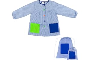 H HANSEL HOME Bata Escolar Infantil Baby Infantil de Cuadros Pequeños (Azul, 13-14 años) + Bolsa y Mochila Escolar para Llevar Fiambreras